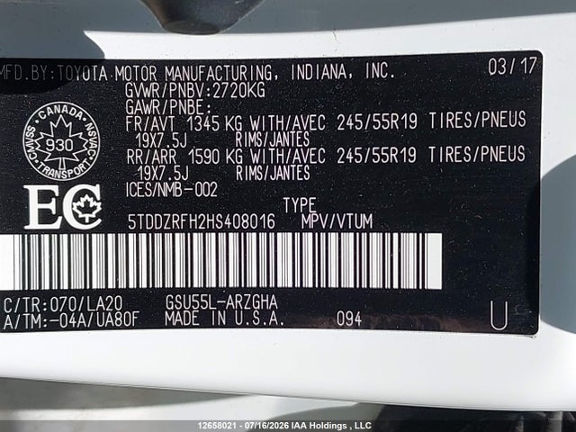 Aukcja sprzedaży 2017 Toyota Highlander Limited/ltd Platinum, vin: 5TDDZRFH2HS408016, numer aukcji: 12658021