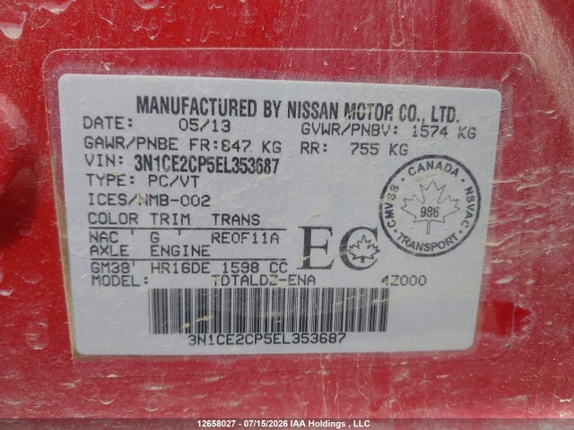 3N1CE2CP5EL353687 Nissan Versa Note 1.6 S/1.6 Sl/1.6 Sv