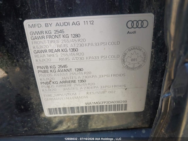 2013 Audi Q5 Premium მანქანა იყიდება აუქციონზე, vin: WA1MGCFP3DA038299, აუქციონის ნომერი: 12658032