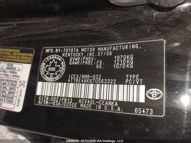 Продаж на аукціоні авто 2007 Toyota Camry Ce/le/xle/se, vin: 4T1BE46K67U563322, номер лоту: 12658038
