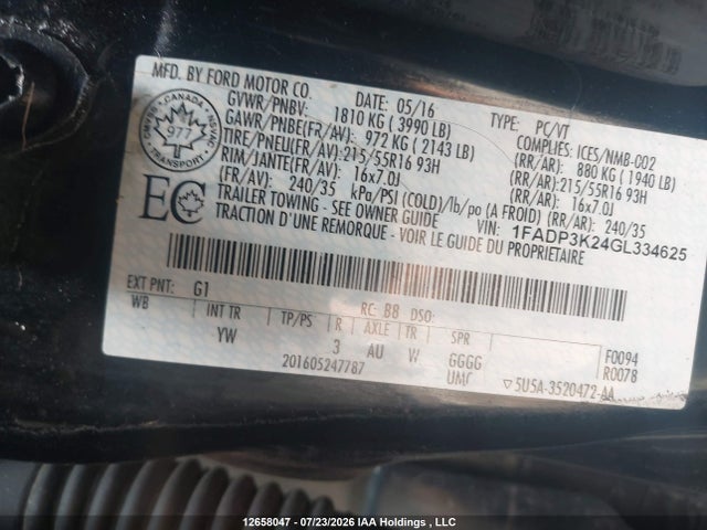 12658047 :رقم المزاد ، 1FADP3K24GL334625 vin ، 2016 Ford Focus Se مزاد بيع