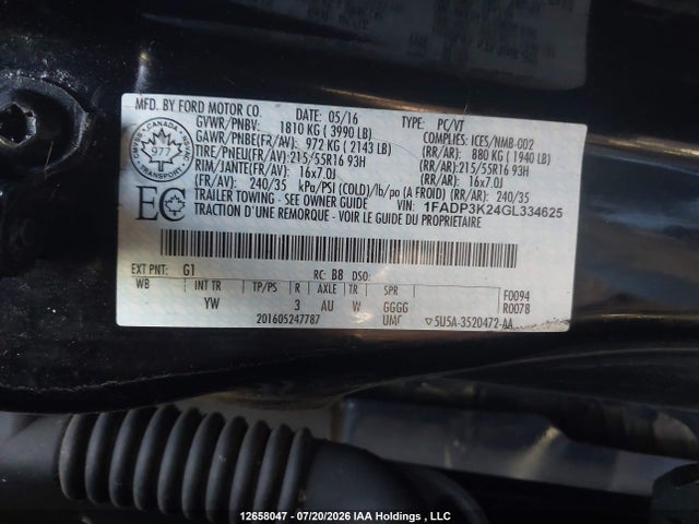 12658047 :رقم المزاد ، 1FADP3K24GL334625 vin ، 2016 Ford Focus Se مزاد بيع