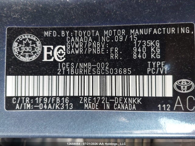 12658054 :رقم المزاد ، 2T1BURHE5GC503685 vin ، 2016 Toyota Corolla Le مزاد بيع