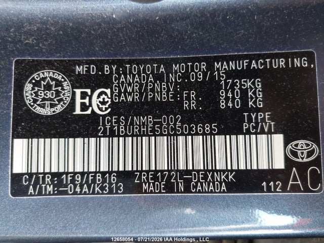 12658054 :رقم المزاد ، 2T1BURHE5GC503685 vin ، 2016 Toyota Corolla Le مزاد بيع