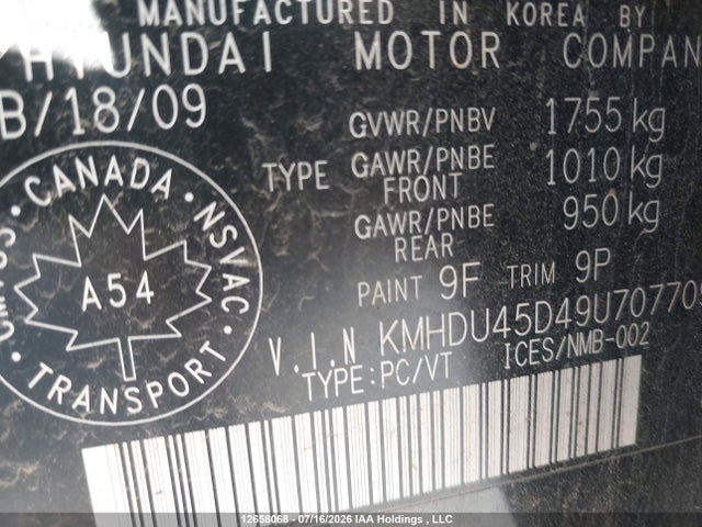 2009 Hyundai Elantra Gls/se მანქანა იყიდება აუქციონზე, vin: KMHDU45D49U707709, აუქციონის ნომერი: 12658068