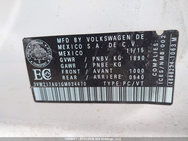Продаж на аукціоні авто 2016 Volkswagen Golf 1.8 Tsi Comfortline/1.8 Tsi Highline/1.8 Tsi Trendline, vin: 3VW217AU1GM034470, номер лоту: 12658071
