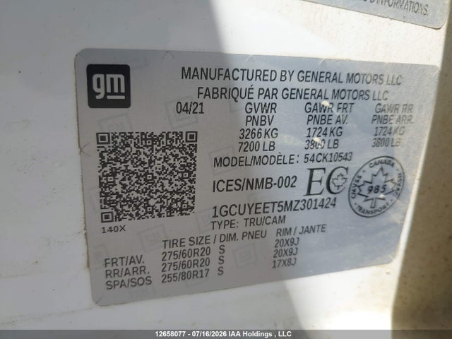 2021 Chevrolet Silverado 1500 Rst მანქანა იყიდება აუქციონზე, vin: 1GCUYEET5MZ301424, აუქციონის ნომერი: 12658077