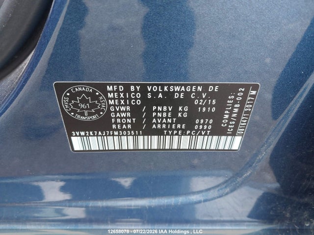 12658078 :رقم المزاد ، 3VW2K7AJ7FM303511 vin ، 2015 Volkswagen Jetta 2.0l Trendline/2.0l Trendline+ مزاد بيع