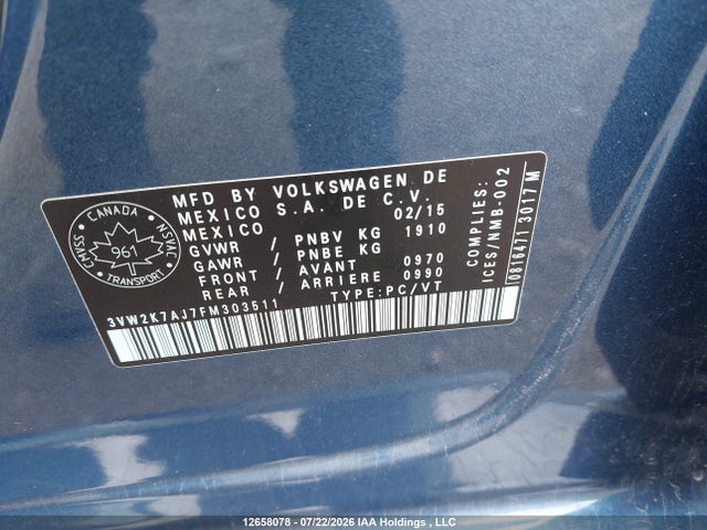 12658078 :رقم المزاد ، 3VW2K7AJ7FM303511 vin ، 2015 Volkswagen Jetta 2.0l Trendline/2.0l Trendline+ مزاد بيع