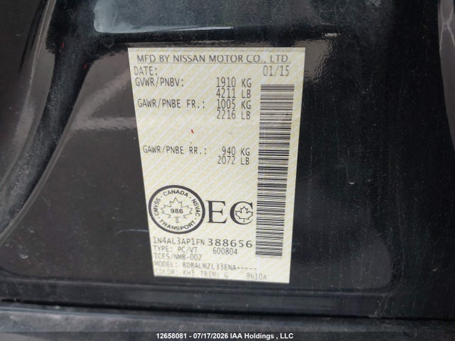 Aukcja sprzedaży 2015 Nissan Altima 2.5/s/sv/sl, vin: 1N4AL3AP1FN388656, numer aukcji: 12658081