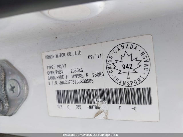 Auction sale of the 2012 Acura Tsx, vin: JH4CU2F57CC800585, lot number: 12658083