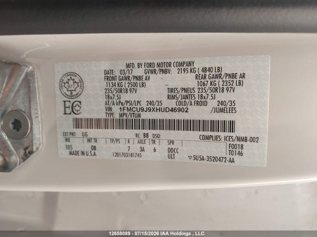 Продаж на аукціоні авто 2017 Ford Escape Titanium, vin: 1FMCU9J9XHUD46902, номер лоту: 12658089