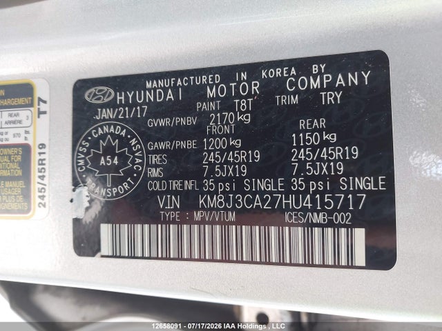 Продажа на аукционе авто 2017 Hyundai Tucson, vin: KM8J3CA27HU415717, номер лота: 12658091