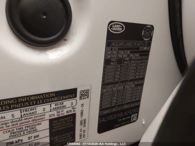 12658092 :رقم المزاد ، SALYB2EX6LA242992 vin ، 2020 Land Rover Range Rover Velar P250 S مزاد بيع