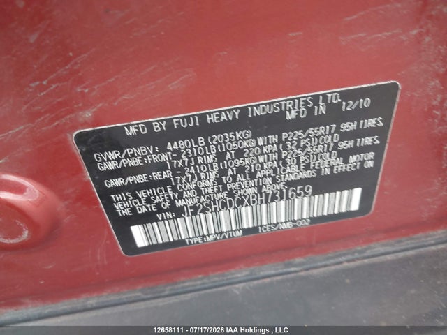 2011 Subaru Forester 2.5 X Limited Package მანქანა იყიდება აუქციონზე, vin: JF2SHCDCXBH731659, აუქციონის ნომერი: 12658111