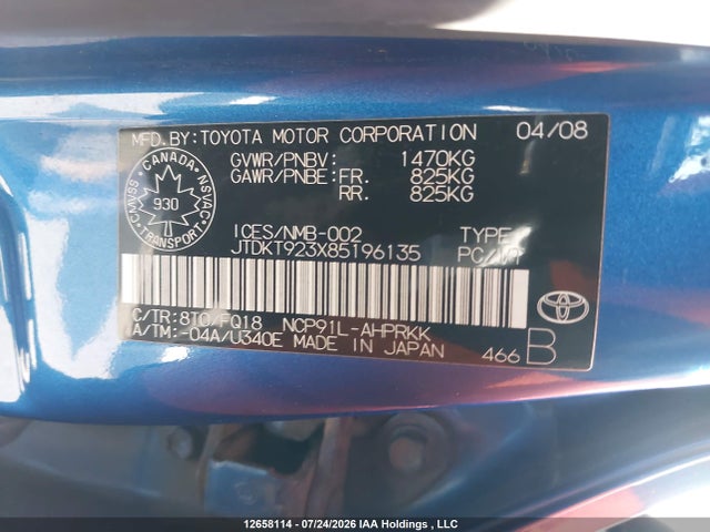 12658114 :رقم المزاد ، JTDKT923X85196135 vin ، 2008 Toyota Yaris مزاد بيع