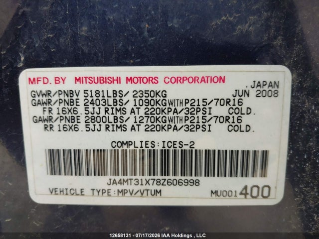 Продаж на аукціоні авто 2008 Mitsubishi Outlander Ls, vin: JA4MT31X78Z606998, номер лоту: 12658131