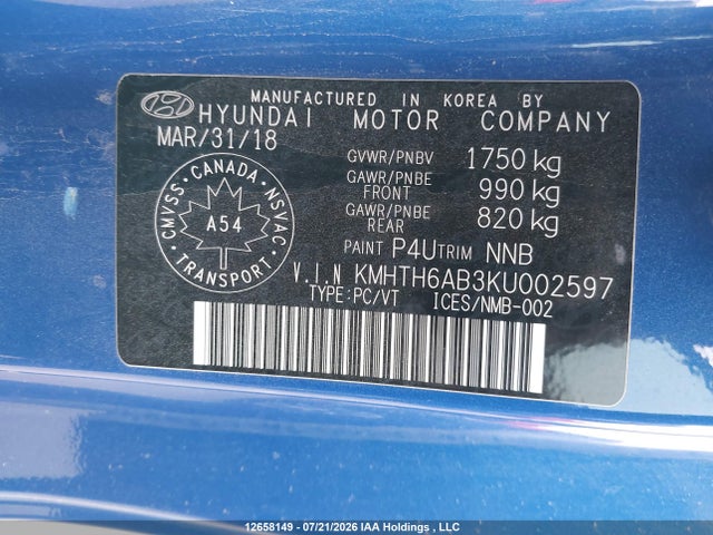 KMHTH6AB3KU002597 Hyundai Veloster Turbo