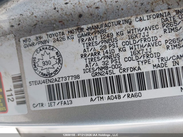Aukcja sprzedaży 2010 Toyota Tacoma Base V6, vin: 5TEUU4EN2AZ737798, numer aukcji: 12658155