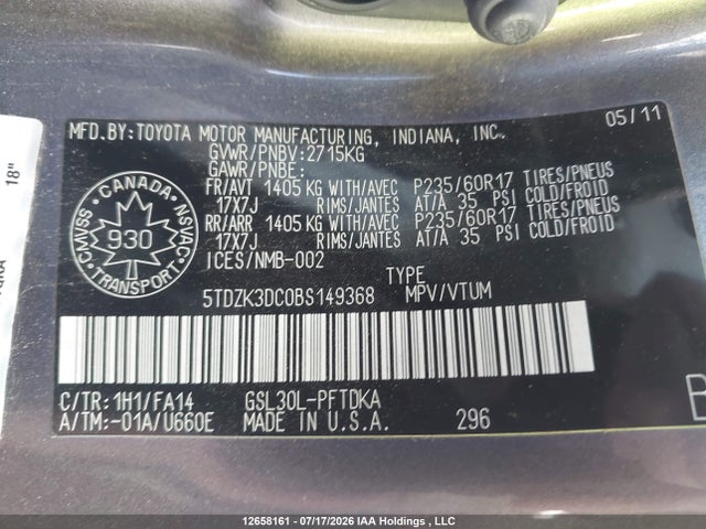 Продаж на аукціоні авто 2011 Toyota Sienna, vin: 5TDZK3DC0BS149368, номер лоту: 12658161