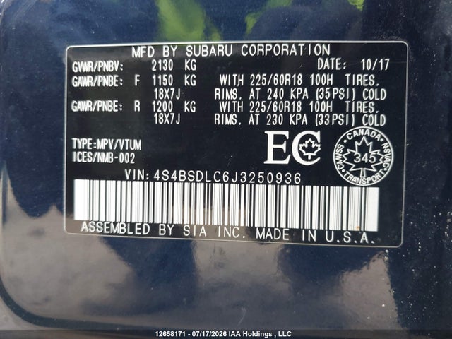 Продаж на аукціоні авто 2018 Subaru Outback 2.5i Limited, vin: 4S4BSDLC6J3250936, номер лоту: 12658171