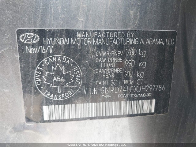12658172 :رقم المزاد ، 5NPD74LFXJH297786 vin ، 2018 Hyundai Elantra Le مزاد بيع