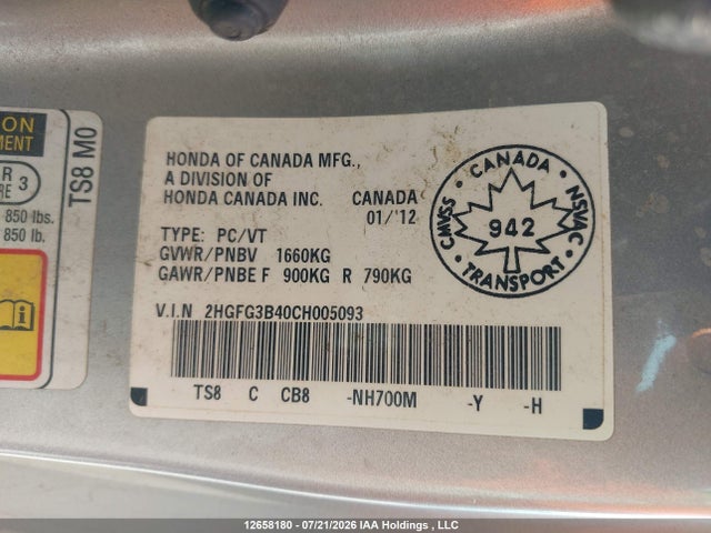 Aukcja sprzedaży 2012 Honda Civic Lx, vin: 2HGFG3B40CH005093, numer aukcji: 12658180