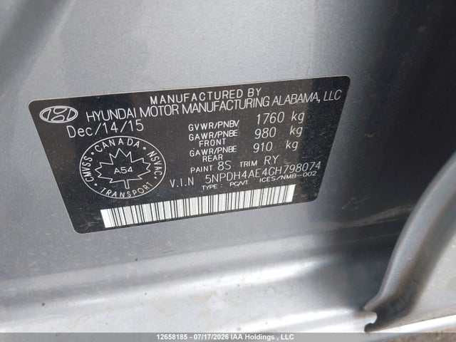 12658185 :رقم المزاد ، 5NPDH4AE4GH798074 vin ، 2016 Hyundai Elantra Se/sport/limited مزاد بيع