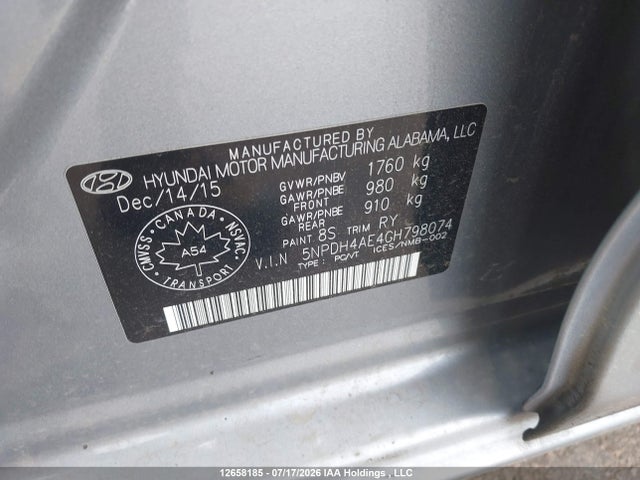 12658185 :رقم المزاد ، 5NPDH4AE4GH798074 vin ، 2016 Hyundai Elantra Se/sport/limited مزاد بيع