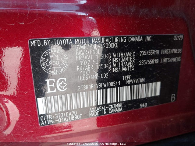 Продаж на аукціоні авто 2020 Toyota Rav4 Xle, vin: 2T3R1RFV8LW108541, номер лоту: 12658188
