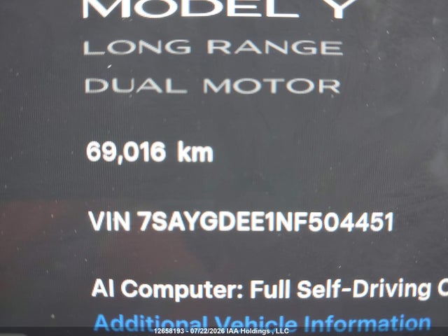 Aukcja sprzedaży 2022 Tesla Model Y Long Range, vin: 7SAYGDEE1NF504451, numer aukcji: 12658193