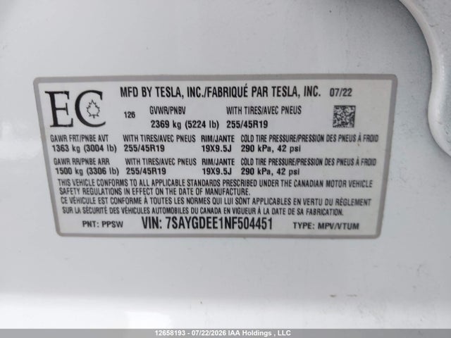 Aukcja sprzedaży 2022 Tesla Model Y Long Range, vin: 7SAYGDEE1NF504451, numer aukcji: 12658193