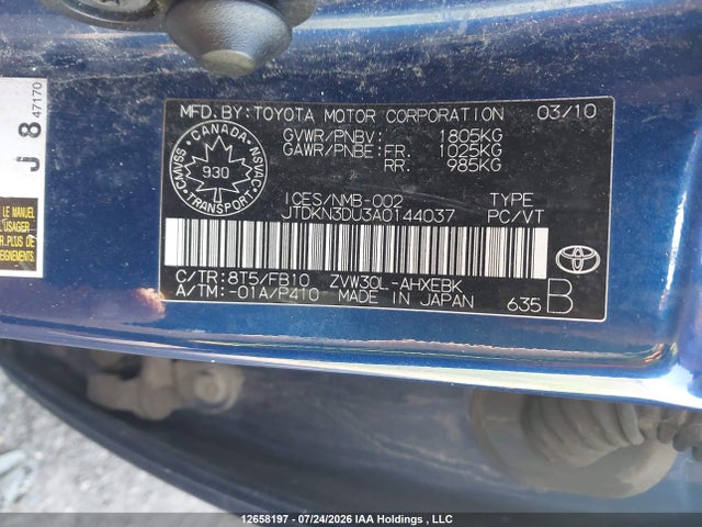 Aukcja sprzedaży 2010 Toyota Prius, vin: JTDKN3DU3A0144037, numer aukcji: 12658197
