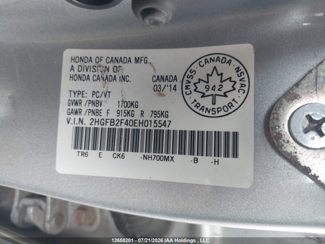 Продажа на аукционе авто 2014 Honda Civic Lx, vin: 2HGFB2F40EH015547, номер лота: 12658201