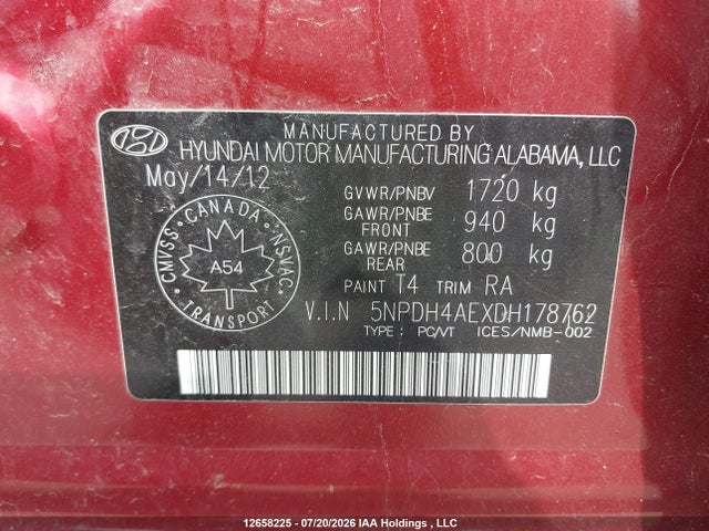 12658225 :رقم المزاد ، 5NPDH4AEXDH178762 vin ، 2013 Hyundai Elantra Limited مزاد بيع