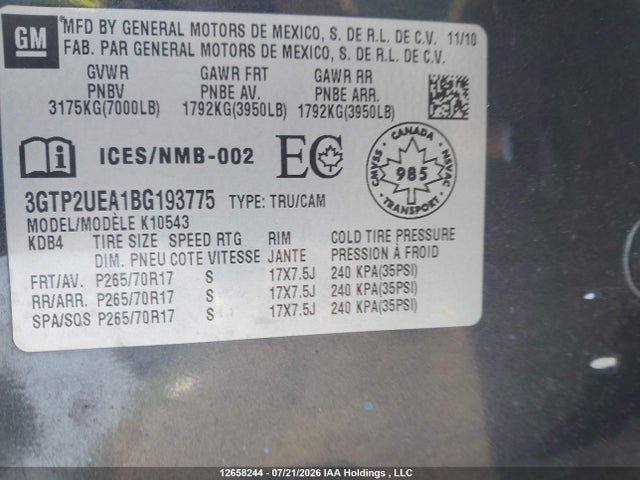 12658244 :رقم المزاد ، 3GTP2UEA1BG193775 vin ، 2011 Gmc Sierra 1500 Sl مزاد بيع