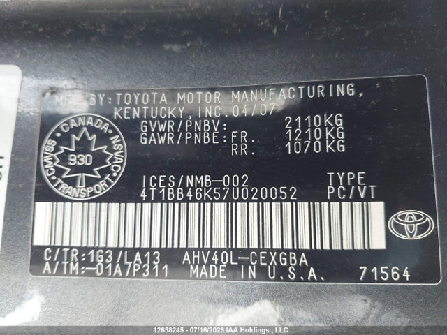 Продажа на аукционе авто 2007 Toyota Camry Hybrid, vin: 4T1BB46K57U020052, номер лота: 12658245