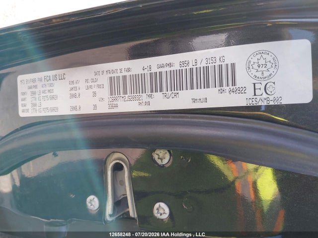 12658248 :رقم المزاد ، 1C6RR7TM2JS289321 vin ، 2018 Ram 1500 Slt مزاد بيع