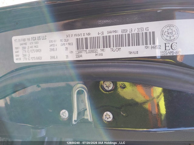 12658248 :رقم المزاد ، 1C6RR7TM2JS289321 vin ، 2018 Ram 1500 Slt مزاد بيع