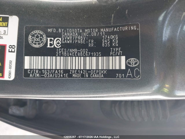 12658257 :رقم المزاد ، 2T1BU4EE8BC671935 vin ، 2011 Toyota Corolla S/le مزاد بيع
