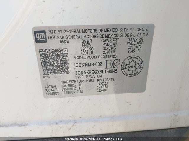 2025 Chevrolet Equinox Lt Awd მანქანა იყიდება აუქციონზე, vin: 3GNAXPEGXSL168045, აუქციონის ნომერი: 12658258