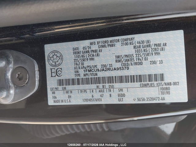 Продаж на аукціоні авто 2024 Ford Escape Platinum, vin: 1FMCU9JA2RUA95370, номер лоту: 12658260