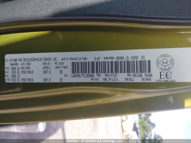 2007 Jeep Wrangler Sahara მანქანა იყიდება აუქციონზე, vin: 1J8GA59177L205806, აუქციონის ნომერი: 12658263
