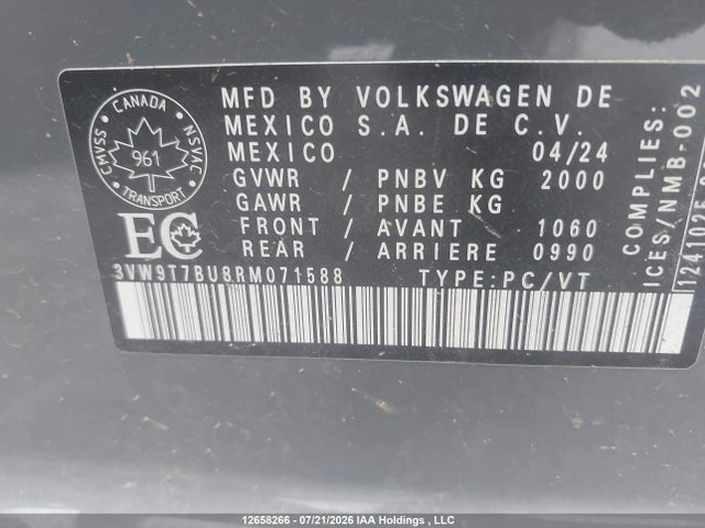 12658266 :رقم المزاد ، 3VW9T7BU8RM071588 vin ، 2024 Volkswagen Jetta مزاد بيع