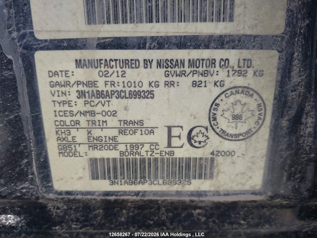 Продажа на аукционе авто 2012 Nissan Sentra 2.0/2.0s/sr/2.0sl, vin: 3N1AB6AP3CL699325, номер лота: 12658267