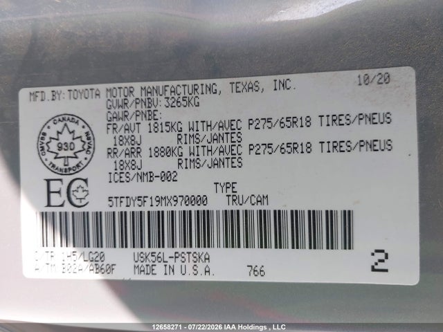 Toyota Tundra Sr5 2021 5TFDY5F19MX970000 Image 9