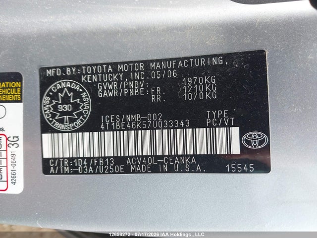 Продаж на аукціоні авто 2007 Toyota Camry Le/se, vin: 4T1BE46K57U033343, номер лоту: 12658272