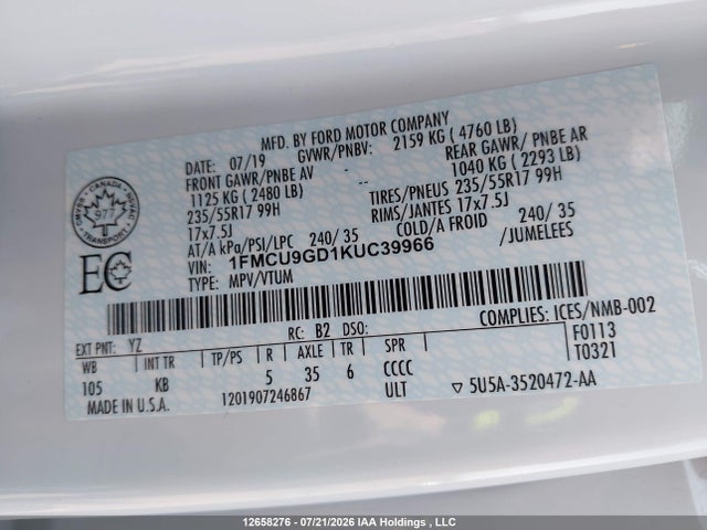 Ford ESCAPE SE 2019 1FMCU9GD1KUC39966 Image 9