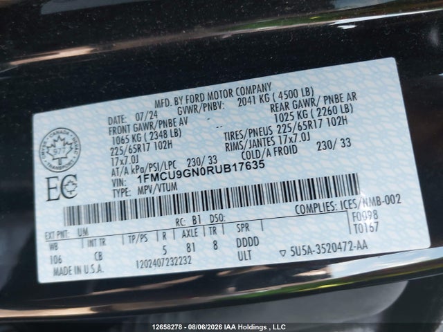 1FMCU9GN0RUB17635 Ford Escape Active