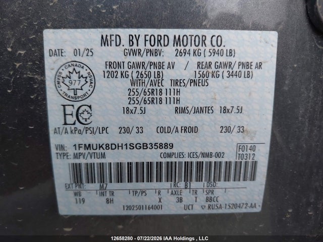 2025 Ford Explorer Active მანქანა იყიდება აუქციონზე, vin: 1FMUK8DH1SGB35889, აუქციონის ნომერი: 12658280